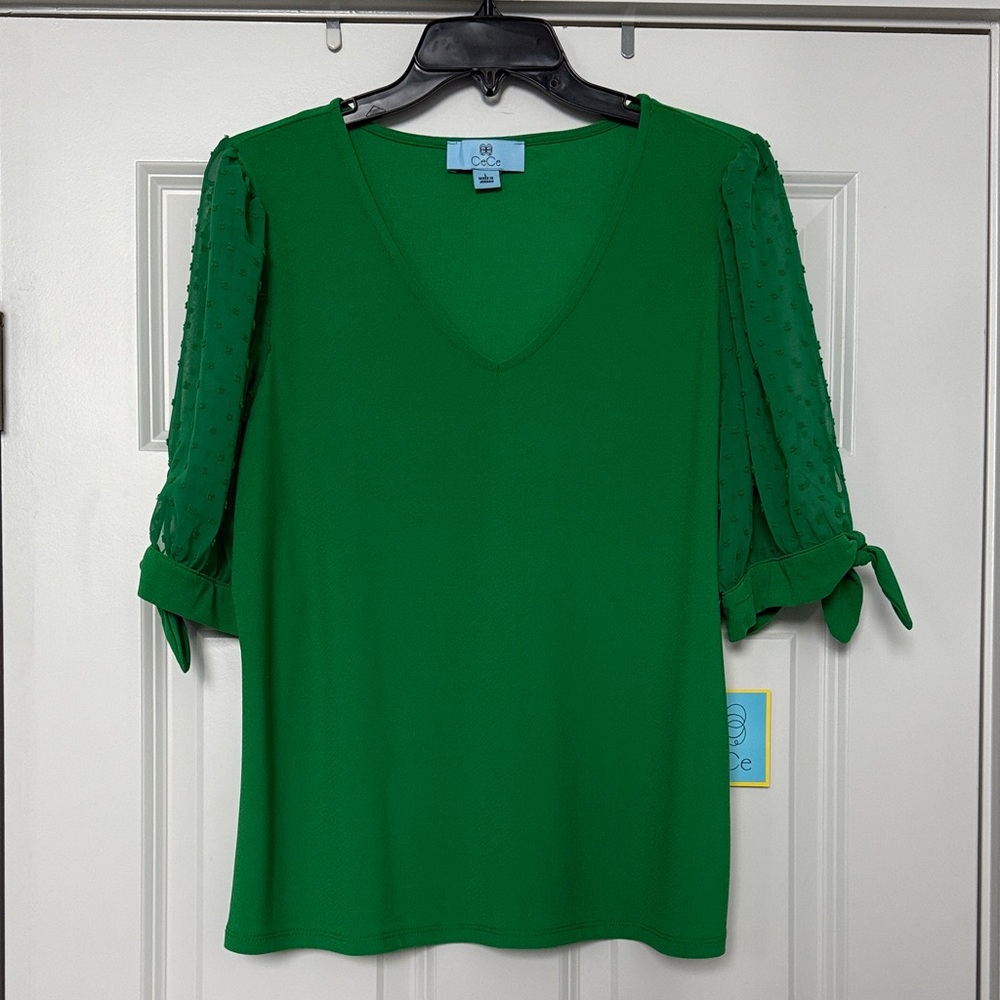 Ce Ce  Green V-Neck Blouse with sheer sleeves
